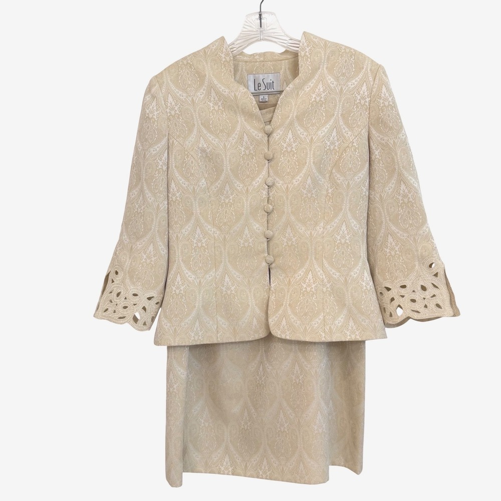 Le Suit Vintage Cream Brocade 2pc Skirt Suit Set Laser Cut Sleeve Eyelet Sz 8